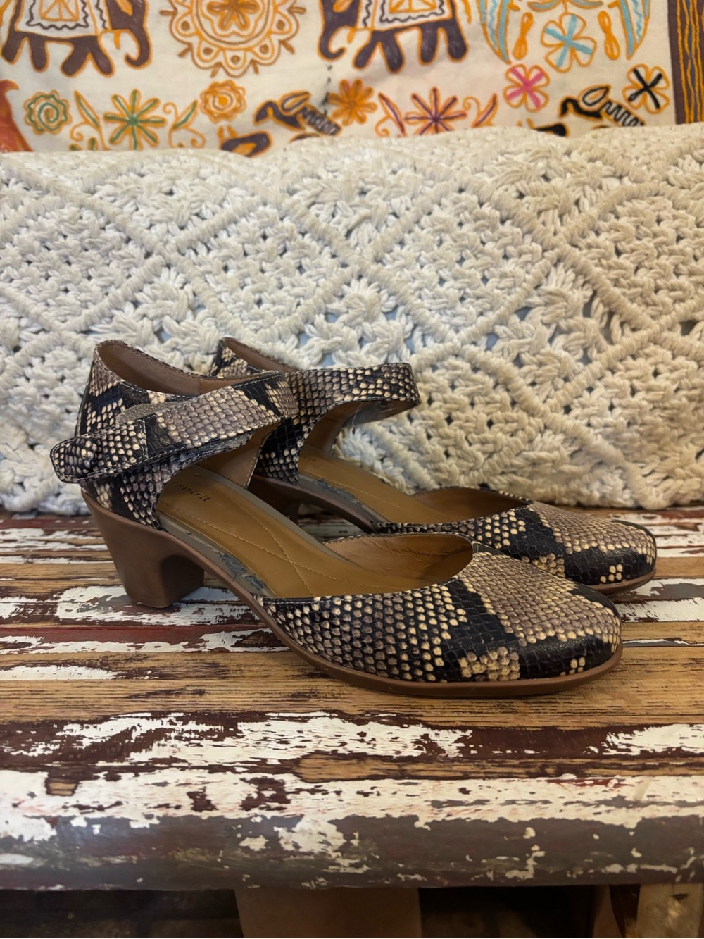 Easy Spirit Snake-Print Mary Jane Heels in Black and Tan